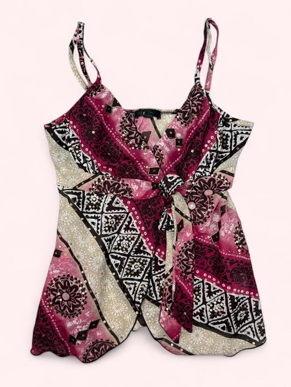 Y2K pink print cami top with mixed prints and metallic gold details